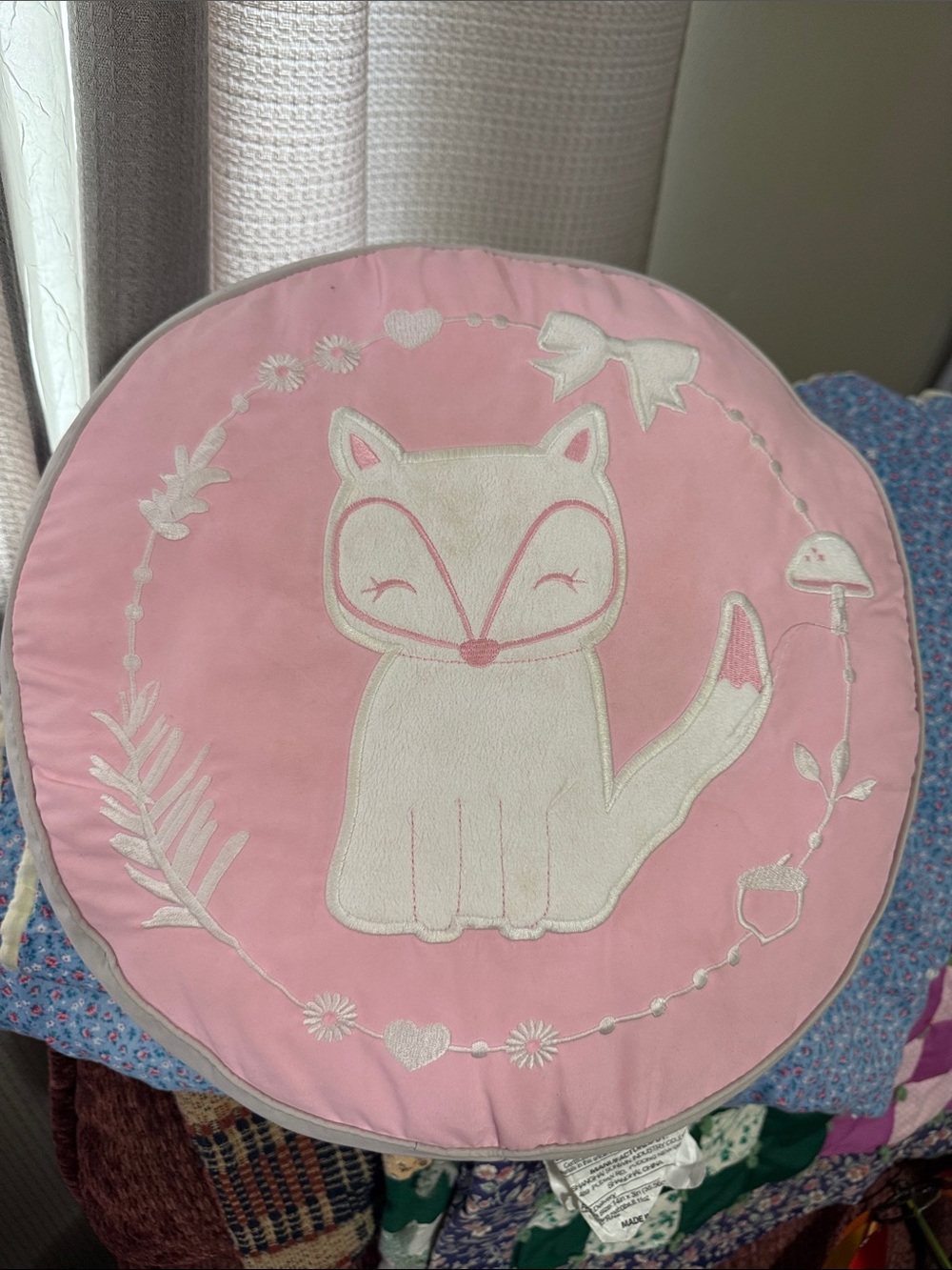 Pink Fox Embroidered Round Pillow